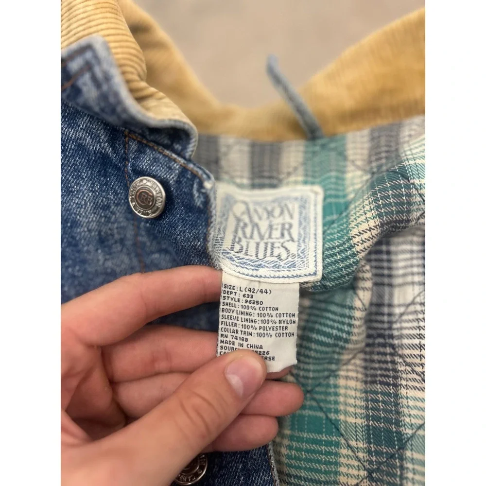 Vintage Canyon River Blues Mens Denim Jacket Plaid Lined Corduroy Collar Blue L